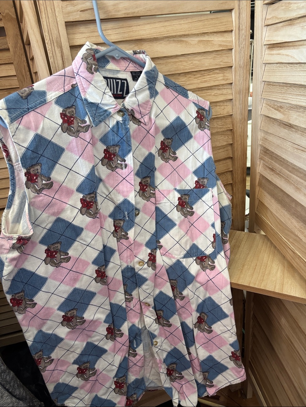 Quizz  Pink & Blue Argyle Teddy-Print Sleeveless Button-Up Shirt Large